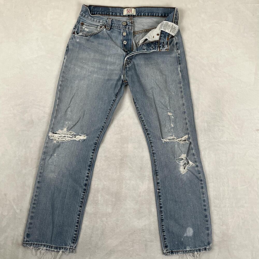Levi's 501 Jeans Mens 30x30 Blue Straight Leg Distressed Light Wash Denim READ